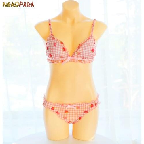 Strawberry Ichigo Girl Sexy Cute Womens Lingerie 2PCS Set Bra & Panties Set Bikini Bows Cute Lolita Underwear Comfortable