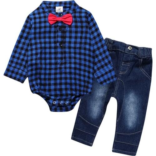 Fashion Plaid Baby Suit Gentleman Bow Tie Rompers + Pants Infant Clothing Sets Spring Autumn Long Sleeve Cotton Baby Boy Clothes