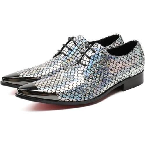 Men shoes luxury brand wedding fish skin genuine leather mens pointed toe dress shoes sliver iron toe form men loafers size13