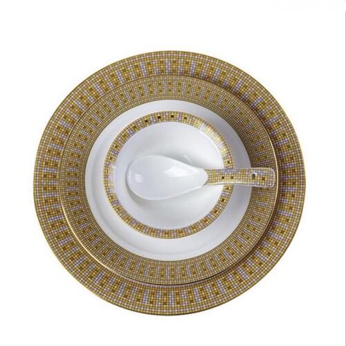 3pcs/set Round Gold Stroke Ceramic Dinner Plate Set Porcelain Steak Tableware Rice Soup Bowl Spoon Dish Home Dec