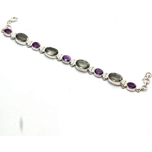 Genuine Amethyst + Green Amethyst Bracelet 925 Sterling Silver, 21 cm, GRP0258