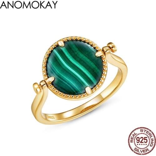 Anomokay New Round Green Malachite Gold Color Rings Two Sides Different Free Size 925 Silver Rings for Women Jewelry Gift