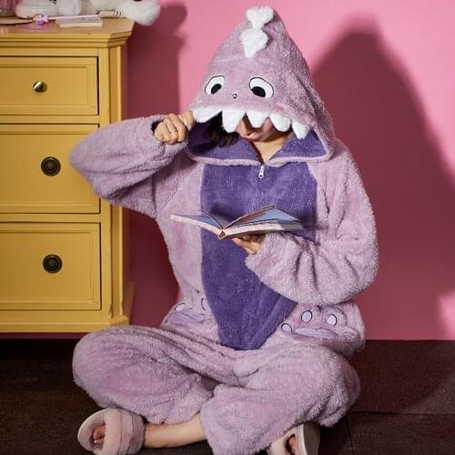 Winter Pyjamas Loose Version Woman Sleepwear Packed Trend Plush Nonopnd Thicken Partysu Hooded Video Zip Pajamas Medium Style