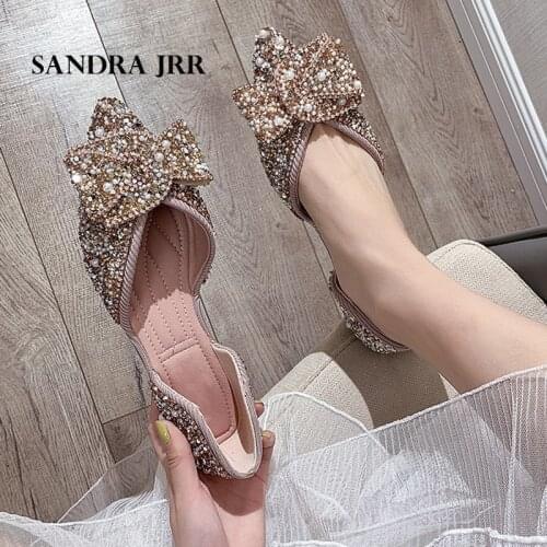 SANDRA JRR Autumn Women Flat Heel Shoes Pearl Flats Pointed Toe Slip On Sexy V Mouth Casual Lady Weekends Loafers Sandals
