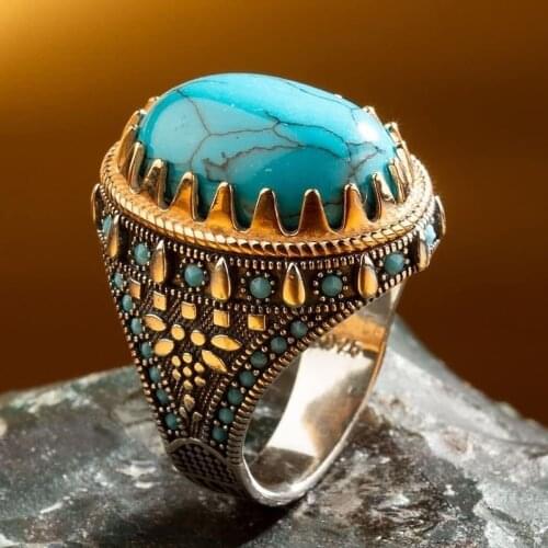 Vintage Antique Natural Stone Ring Fashion Jewelry Gift Blue Turquoises Resin Finger Ring for Women Wedding Anniversary Rings