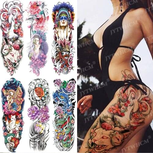 Waterproof Temporary Women Fake Tattoo Sleeve Sexy Nine-tailed Fox Pink Cat Mask Sticker Angel Greek Mythology Art Tatto For Men