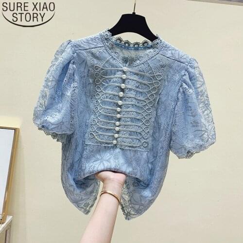 Vintage Palace Style Lace Blouse Women Short Sleeve Shirt 2021 Summer New French Puff Sleeve Pullover O-neck Blusas Mujer 15001