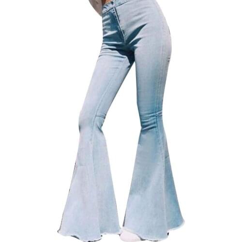 Women Long Casual Slim Pants Elastic Solid Color Sexy High Waist Slim Bell-bottoms Denim Pants Trousers Female Ladies Jeans