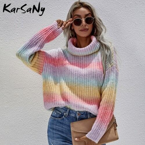 Striped Sweater Women Oversize Knitted Pullovers Auutmn Winter 2021 Turtleneck Women Womens Jumper Warm Rainbow Sweater Female
