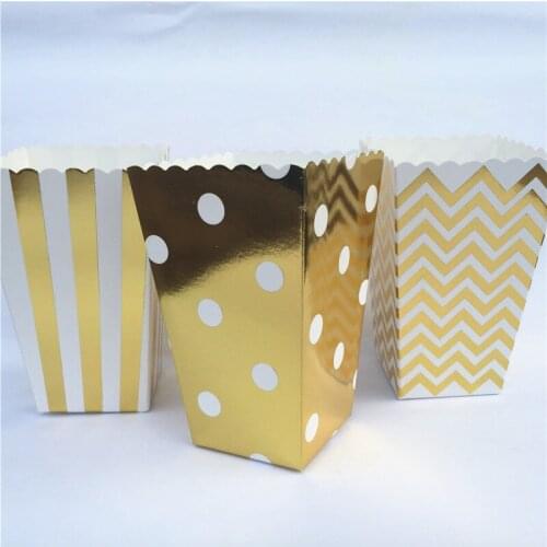12pcs Gold Silver Dot Wave Stripe Paper Popcorn Gift Box Pop Corn Candy/ Sanck Favor Bag Dragee Wedding Kid Birthday Party Decor