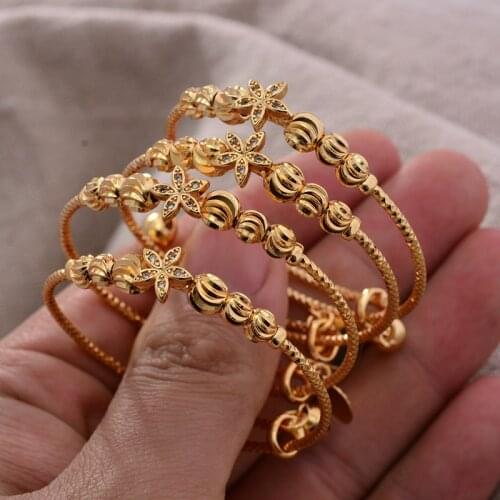 24K 4pcs/lot Flower Bangles Gold Color Dubai Bangles For Baby Boys Girls Bracelet Arab Bangles Child Ethinc jewelry