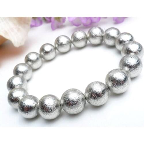Genuine Natural Gibeon Iron Meteorite Silver Plated Round Beads Bracelets For Women Men 12mm