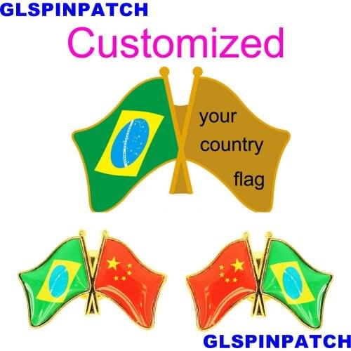 Brazil Crossed Friendship Flag Double Country lapel pin Brooch USA UK France Chile Russia Saudi Arabia Japan Spain Badge