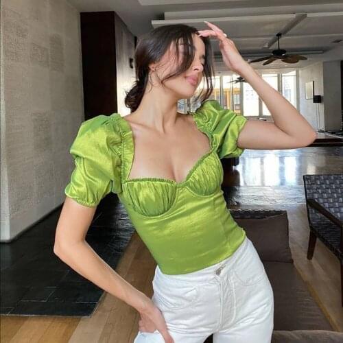 Elegant Casual Tops Green Pleated Chiffon Shirt Summer Ruffle Puff Sleeves Square Neck T Shirts Women Short Top New Fashion