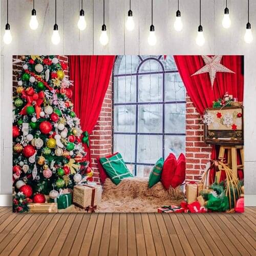Windows Christmas red curtrain children photo background portrait studio Christmas tree photo booth backdrop studio winter gifts