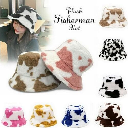 Gorros de pescador con estampado de vaca para mujer, gorro abrigado para exteriores, de terciopelo suave, estilo pescador