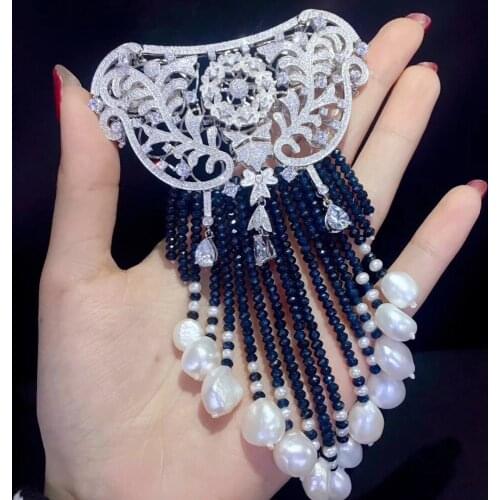 Hyperbole Victoria natural fresh water pearl brooch and jewelry lock double use long tassels dark blue color 925 silver