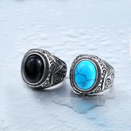 Vintage Blue Tiger Eyes Ring 316L Stainless Steel Blue Turquoises Finger Ring Men And Women Fashion Jewelry Size 7 to 14