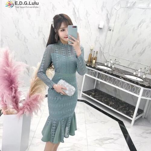 EDGLulu lace dress white hot pink Korean long sleeve springrunway midiwoman thanks 2019 high quality elegant ruffle dress