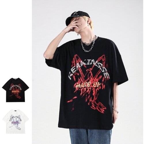 American Style Washed Old 230 Grams Heavy High Street Loose Oversized Mens T-shirt Geometric Printing Couple Short Sleeves