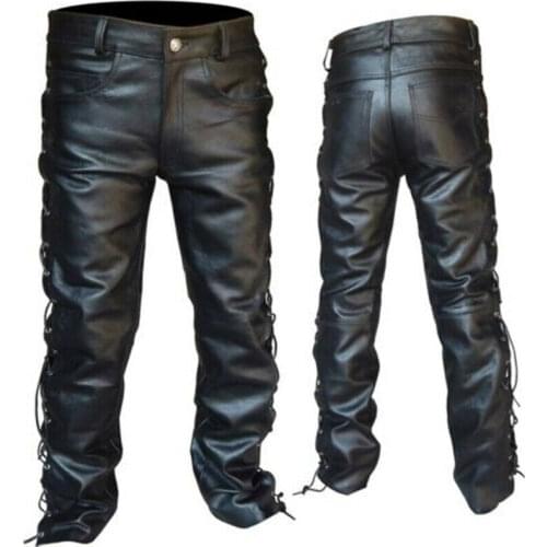 Leather Trousers Cross Lace-Up Gothic 2021 Hot Mens Black Motorcycle Pencil Punk Pants