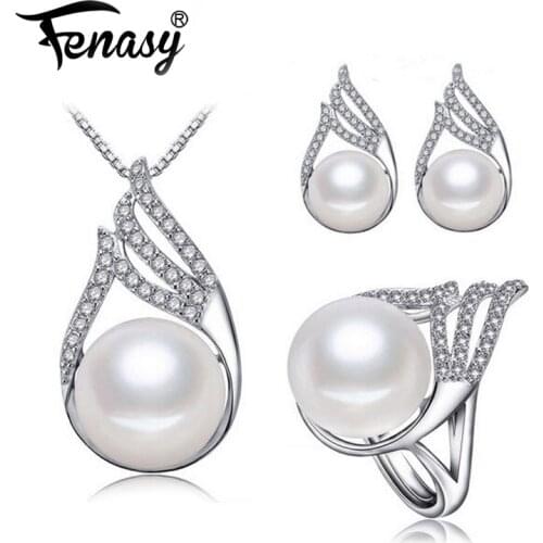 FENASY Luxury cubic zirconia design 925 Sterling Silver Natural Freshwater Pearl Necklace Earrings CZ ring pearl jewelry set