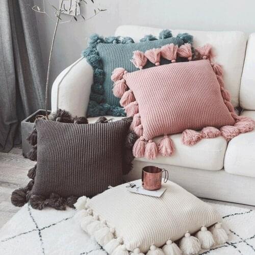 Oure color Pink Knitted Cushion Cover With Tassels Boho Fringe Accent Pillow Case 45x45cm Home sofa Decorative drop shippng