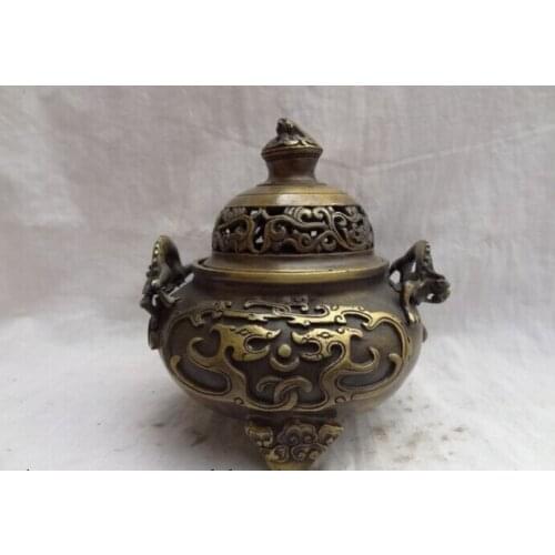 Song voge gem S2711 Tibet Bronze FengShui Dragon Unicorn Head Ball Statue Incense Burner Censer