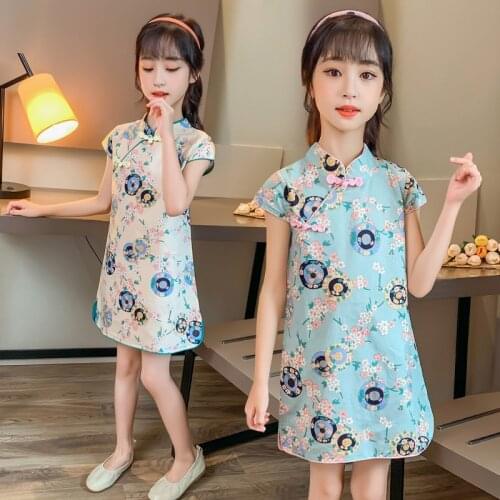 Girls Dress 2021 New Childrens Chinese Cheongsam Flower Girl Dresses Korean Baby Clothes