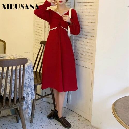 XIBUSANA French Retro Square Neck Dresses 2021 New Spring Long Sleeve Female Ruffle Lace Patchwork Pleated Dress A-line Vestido