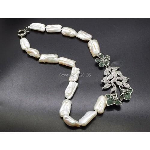 Freshwater pearl white biwa baroque 25-28mm necklace 18inch nature green zircon flower FPPJ wholesale