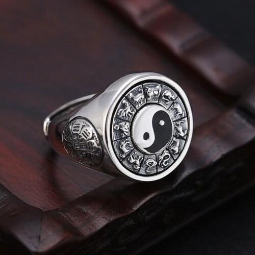 Tai Chi Gossip Zodiac Adjustable Ring 100% Pure 925 Sterling Silver color for Men Engagement Ring Fine Jewelry Birthday Gifts