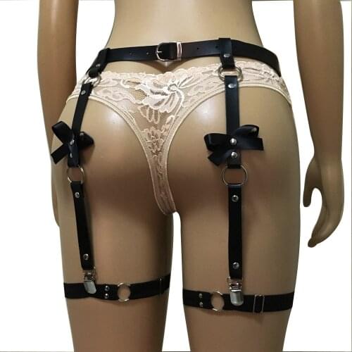 Sexy harajuku handmade punk Rock goth Bow garter belts leg ring with 4 suspenders straps and detachable O-ring leg harness