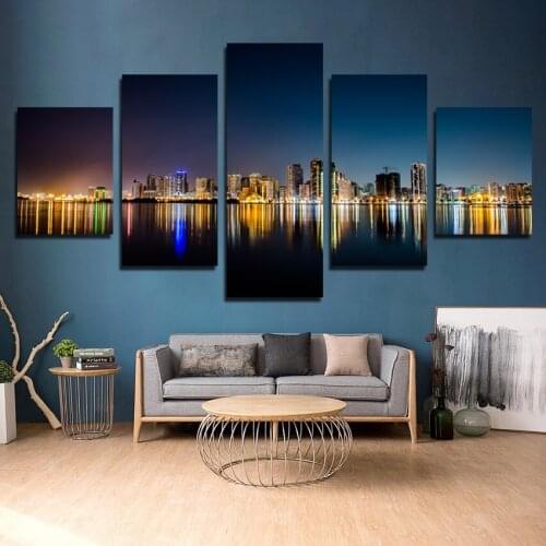 Modern Home Decoration Canvas Painting City Landscape Night Scene Printmaking HD Print 5 Panel Poster Living Room Wall Picture