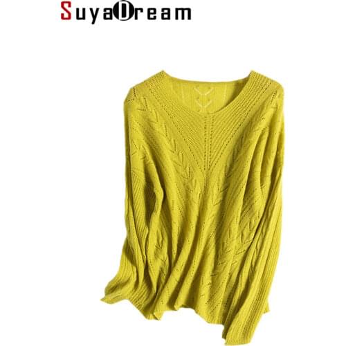 SuyaDream Women 100%Wool Sweaters 2021 Winter V Neck Hollow out Loose Pullovers 2021 Fall Winter Top