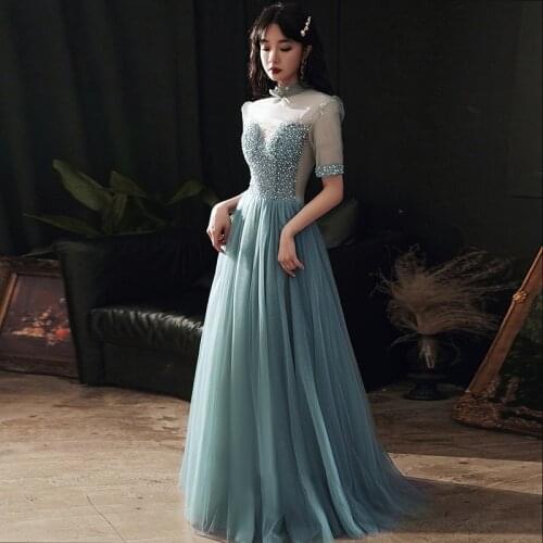 Evening Dresses High Collar Beading Simple Half Sleeves A-line New Floor- length Plus Size Formal Party Gowns