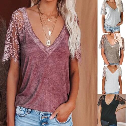Womens Fashion V-neck Solid Color Short Sleeve T-shirt Summer Casual Feather Lace Lace Sleeve Ladies Tops T-shirt Femme