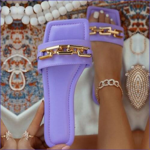 Womens Slippers 2021 Summer Transparent Chain Luxury Square Head Flat Heel Female plus size outdoor beach women slides Sandals