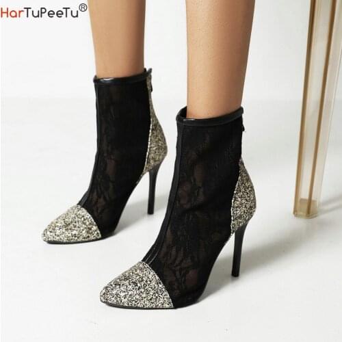 Women Modern Ankle Boots Autumn 2021 Patchwork Mesh Floral Stiletto Korean Style Bling Pointed Toe Zipper Size 34~48 Men Pump