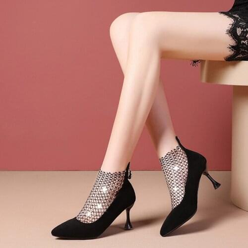 2020 Woman High Heel Ladies Shoes New Fashion Sexy Mesh Luxury Rhinestone Banquet Thin Heels Night Club Black Women Shoes W37-25