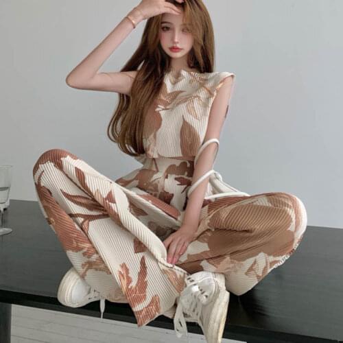 Zoki Vintage Print Women 2 Piece Set Summer Sleeveless Crop Tops Causal Korean High Waist Straight Pants Floral Elegant 2pcs