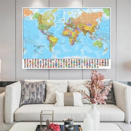 5*3 Feet The World Political Map with National Flags Cultural Poster Canvas Paintings Wall Home Decor School Supplies