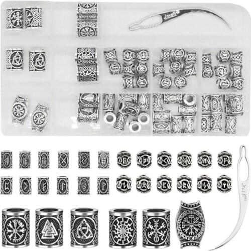61 pcs Viking Beard Beads Antique Norse Hair Tube Beads Dreadlocks Beads for Hair Braiding Bracelet Pendant Necklace Silver DIY