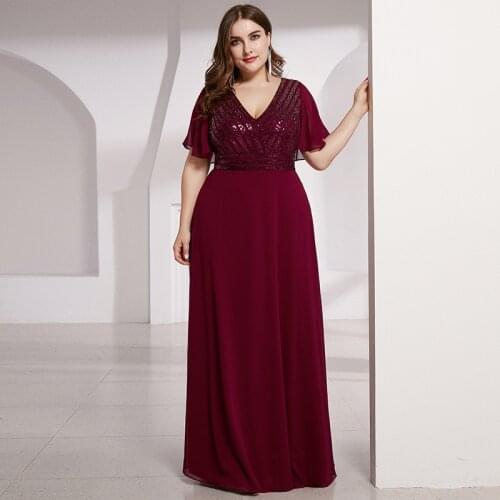 Sequins Evening Dress Empire Short Sleeves V-Neck A-Line Burgundy Elegant Pleat Floor-Length Plus Size Women Formal Gowns D982