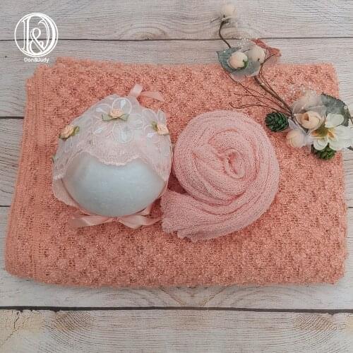 Don&Judy 3pcs/Set Newborn Photography Props Knit Stretch Wrap + Floral hat + Backdrops Accessories Baby Photo Shoot For Studio
