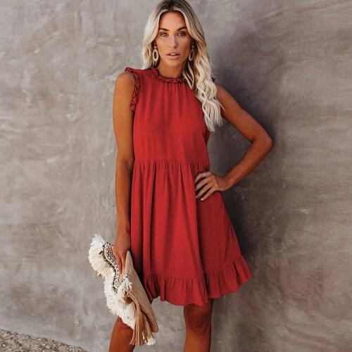 Summer Mini Dress Women Casual O Neck Pleated Sleeveless Loose A-line Dress Elegant Solid Ruffle High Waist Beach Party Sundress