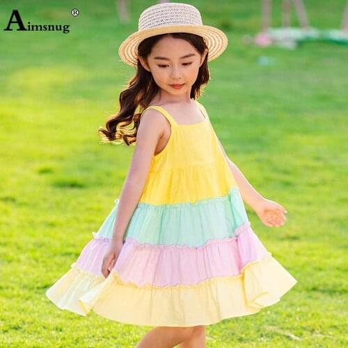 Children Fashion Rainbow Sweet Dress Kids Girls Sleeveless Casual A-line Party Dresses 2021 Patchwork Short MINI Princess Dress