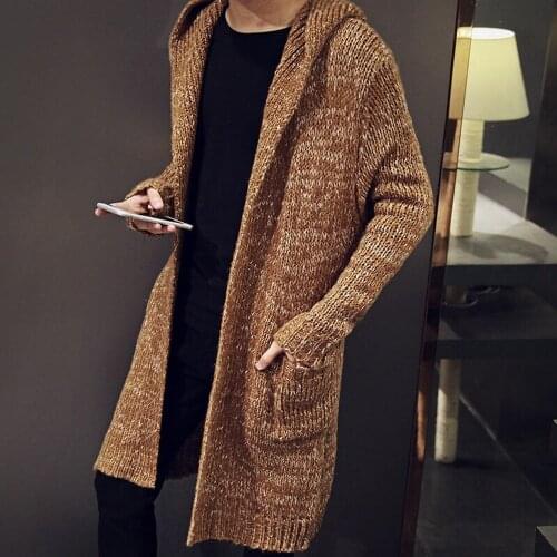 Men Cardigan Sweater Korean Fashion Slim Fit Long Sweater Coat With Hood Men Streetwear Coat Brown Small Size Cardigan