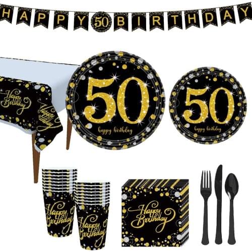 50th Birthday Party Supplies Set Black Gold Disposable Tableware Kit Decorations Plates Cups Napkins Banners Dinnerware Cutlery