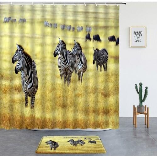African Animal Zebra Shower Curtains Set Bath Mats Autumn Scenery Bathroom Screen Entrance Door Mat Room Decoration Non-slip Rug